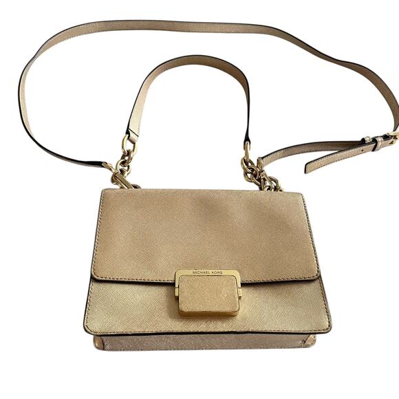 Michael Kors Cynthia Small Gold Metallic Leather Shoulder Bag Purse - Picture 3 of 9